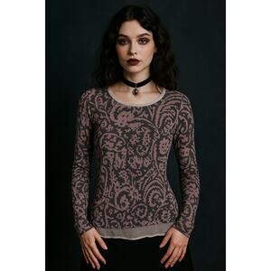 Burnout‎ Mesh Pink Charcoal Semi-Sheer Layered Long Sleeve Top Whimsigoth Moody
